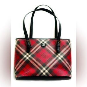 Giani Bernini red black white  plaid tote travel bag 4 pockets
